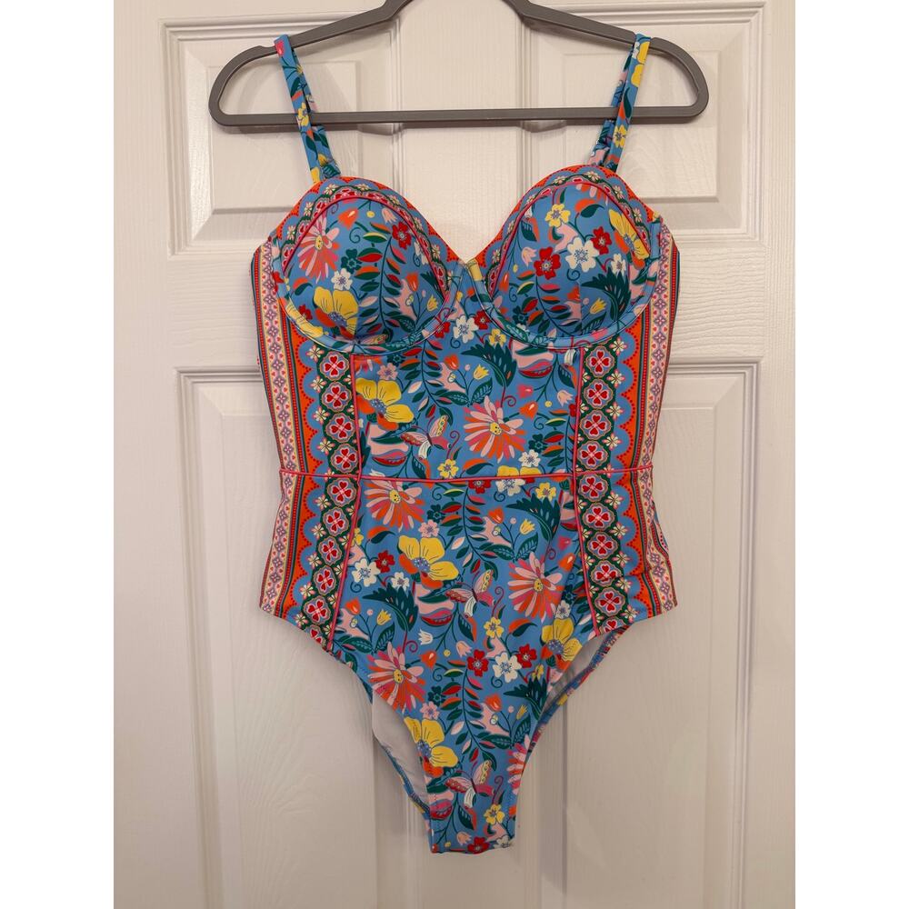 Boden Rhodes Cup Sized One Piece Swimsuit Tigers Paradise Blue Floral Sz US 36D - Picture 2 of 8